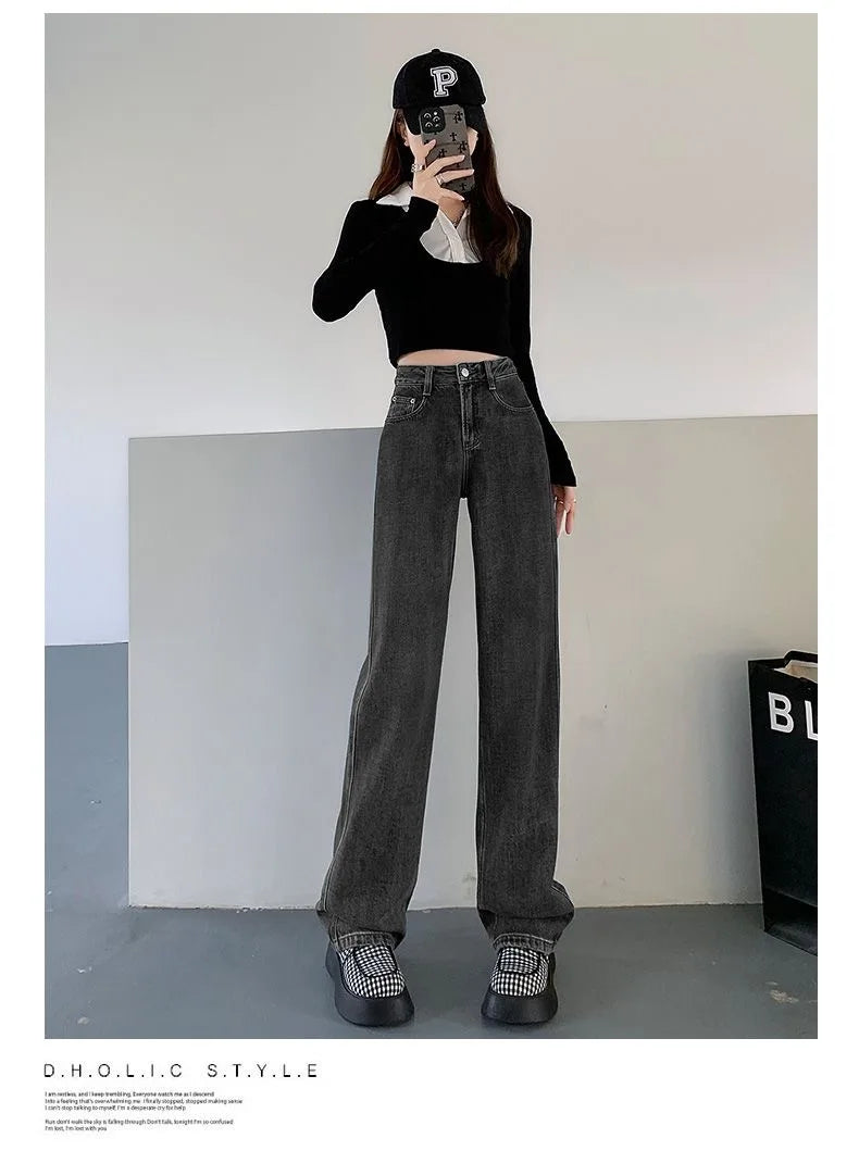 Calça Jeans Casual De Cintura Alta E Perna Larga Retrô Versátil