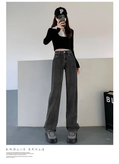 Calça Jeans Casual De Cintura Alta E Perna Larga Retrô Versátil