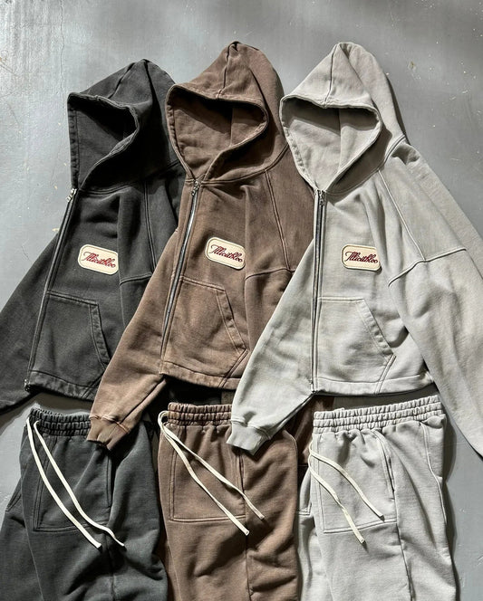 American street solid color casual wear cotton comfortable oversized sweatshirt men two-piece Harajuku jogging pants sportswear