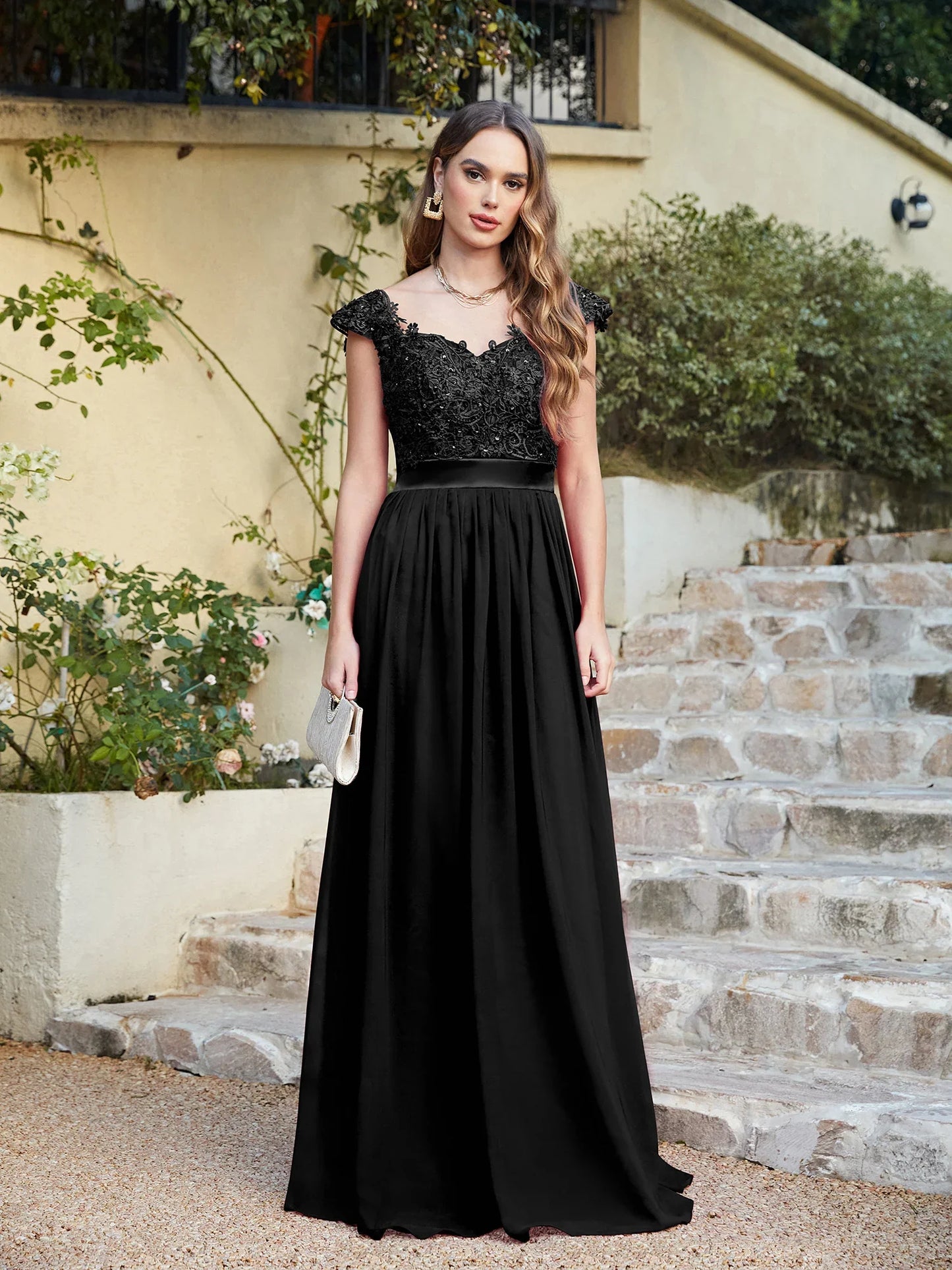 A-line V Neck Sleeveless Floral Lace Chiffon Back Hollow Long Paty Bridesmaid Dress Women 2024 For Wedding Sexy Evening Dress