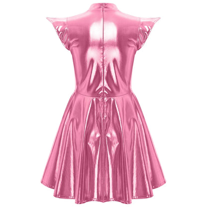 Womens Cocktail Dress Shiny Metallic Dress Alien Space Cap Sleeve High Waist A-line Dress for Halloween Party High Street Dress
