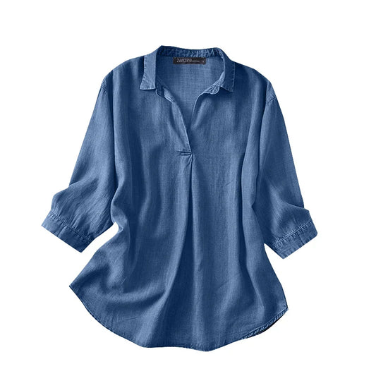 Women Summer V Neck 3/4 Sleeve Blouse Denim Blue Shirt Elegant Solid OL Work Tops Casual Loose Office Blusas Oversize