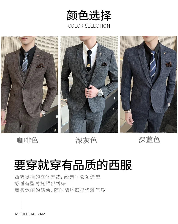 Boutique Suits (Blazer+ Vest + Pants) Men Fashion Hosting Work Business Wedding Casual Linen Art Style Elegant Gentleman's Suit
