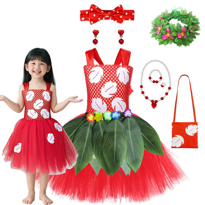 Kids Cosplay Dress for Girls Lilo Inspired Hawaiian Costume With Wreath Necklace Bag Doll for Halloween Birthday