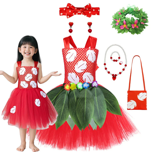 Kids Cosplay Dress for Girls Lilo Inspired Hawaiian Costume With Wreath Necklace Bag Doll for Halloween Birthday