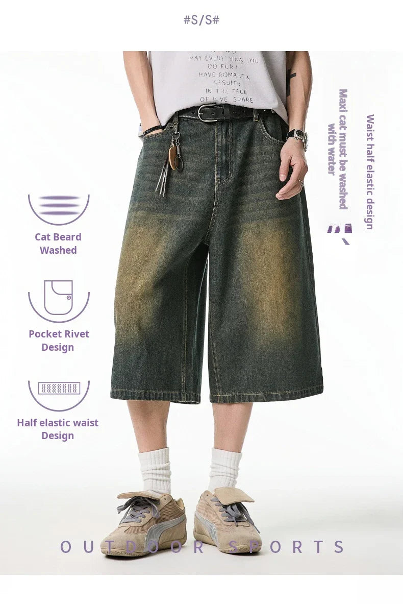 2025 Summer Men's Wide Leg Jeans Shorts Vintage Distressed Wash Y2K Straight Elastic Waist Loose Casual Relaxed Fit