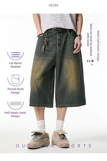2025 Summer Men's Wide Leg Jeans Shorts Vintage Distressed Wash Y2K Straight Elastic Waist Loose Casual Relaxed Fit