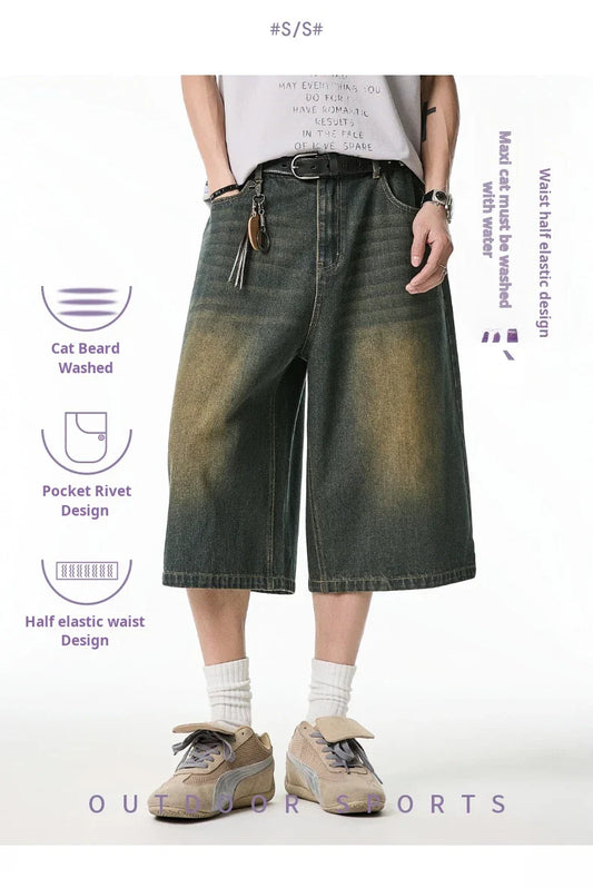 2025 Summer Men's Wide Leg Jeans Shorts Vintage Distressed Wash Y2K Straight Elastic Waist Loose Casual Relaxed Fit