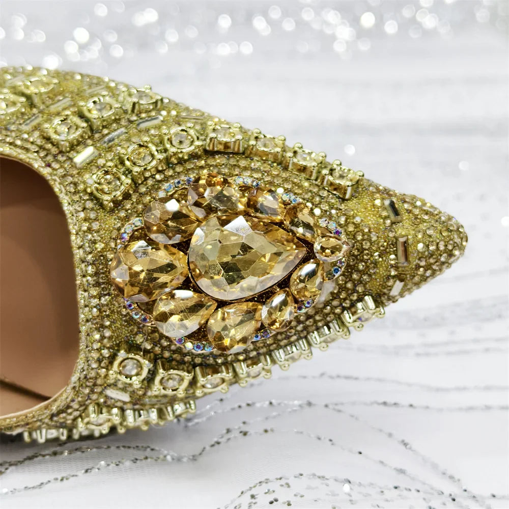 Popular Pointed Women Shoes Heels and Bags Rhinestone Chain Ladies Wedding Party Elegant and Luxurious Fashion