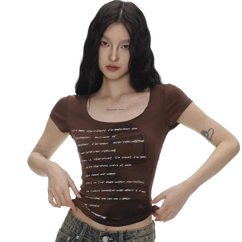 2024 Summer Women Retro Sweet Spicy Skinny Tops Lady Bean Green Casual T-Shirts Girls Letter Portrait Print Short Sleeve Clothes