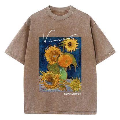 Camisetas Femininas Casuais de Algodão Lavado Estampa Girassol Van Gogh Manga Curta Gola Redonda Blusas Respiráveis Macias Roupa Feminina da Moda