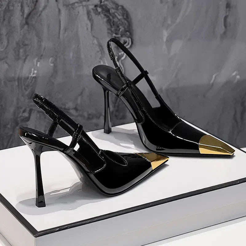 New Summer Women's High-heeled Sandals Gold Iron Head Patent Leather Black Stiletto Square Head Closed Toe Sling Back Shoes
