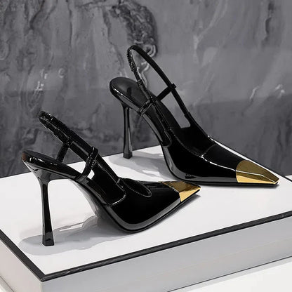 New Summer Women's High-heeled Sandals Gold Iron Head Patent Leather Black Stiletto Square Head Closed Toe Sling Back Shoes