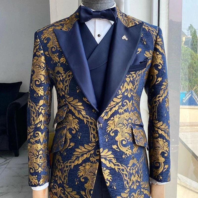 Tuxedo Suits for Men Wedding Slim Fit Navy Blue and Gold Gentleman Male Costume Suit Set