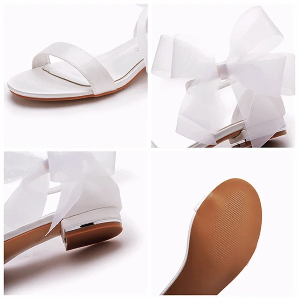 Summer new 2-cm square-heeled silk ribbon pearl rhinestone low-heeled wedding shoes beaded lace-up flat large-size women sandals