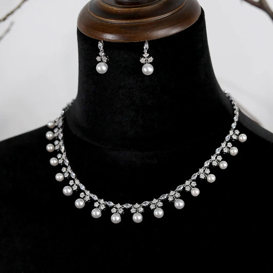 Gorgeous Cubic Zirconia Stone Pearl Choker Necklace Earring Jewelry Set for Women Bridal Satin Wedding Dress Accessories