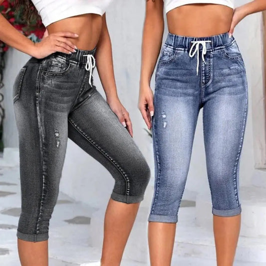 Spring Autumn Woman's Pure Color Jeans Vintage Denim Drawstring Pocket Design Skinny Jeans Ankle Length Streetwear Women Pants ﻿