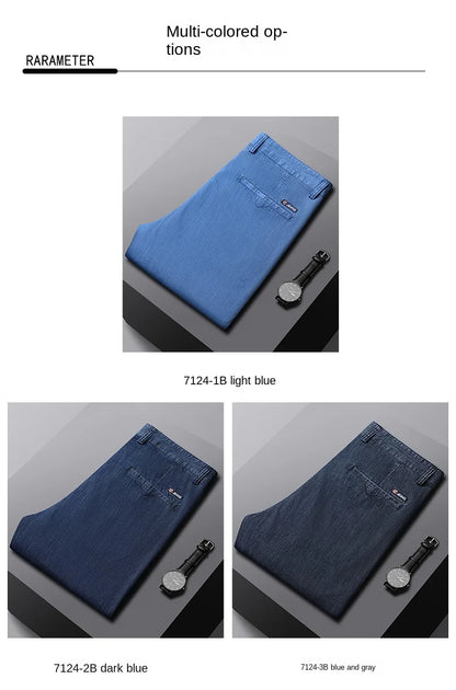 2026 Thin Stretch Denim Business Casual High Waist  High Lyocell  Men's Fit Straight Lightweight Cotton  Light Grey Jeans