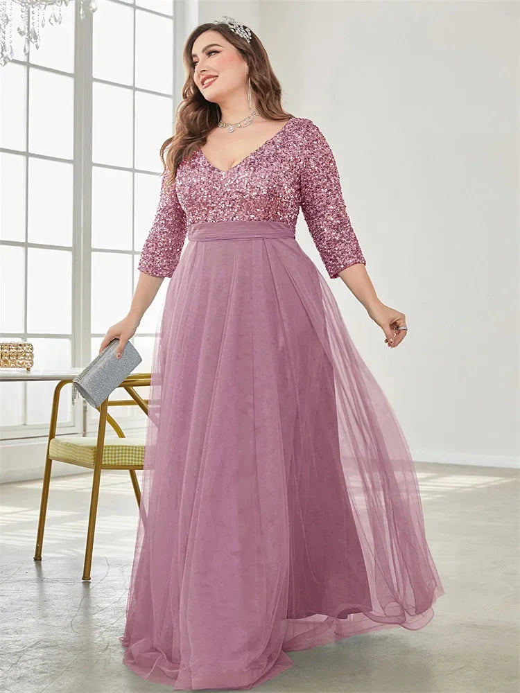 plus Size Luxury Floor Length V-Neck Evening Dress 2025 Women Elegant Party Maxi Dress Sequins Short Sleeves Prom Cocktail Gown