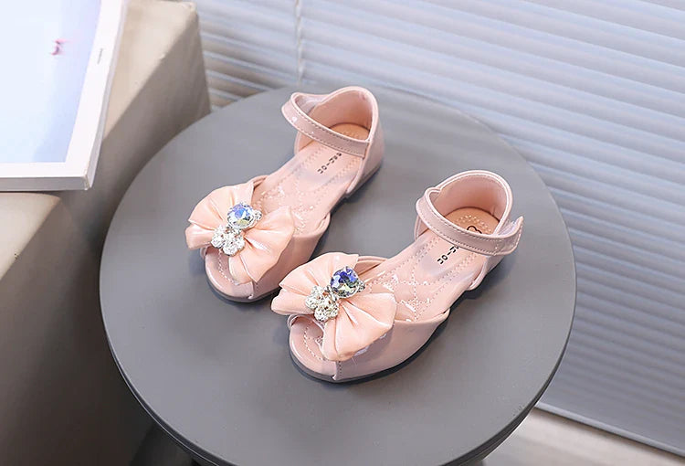 Girl's Fish Mouth Shoes with Rhinestone Bear Decos Prom Party Sandals for Kids Girl Nice Butterfly-knot Students Footwear I10281
