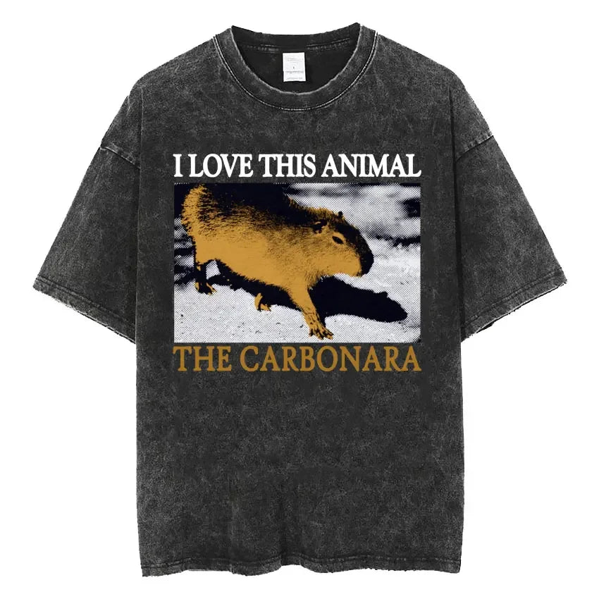 Amare Box No Thoughts Head Empty Japanese T-shirt Funny Capybara Vintage Washed T Shirt Men Women Casual Loose Short Sleeve Tees