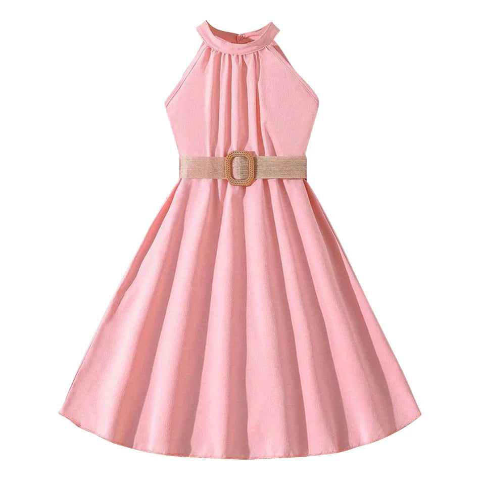 Elegant Summer Princess Dress for Teen Girls with Halter Neck and Off-Shoulder Children Sleeveless Casual Clothes with Belt