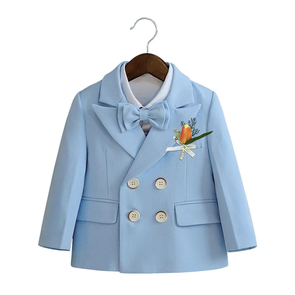 Macaroon Colorful Toddler Suit Set Double Breasted Kids Suits Blazer Pants Bow-tie Brooch Boy's Formal Tuxedo Dresswear
