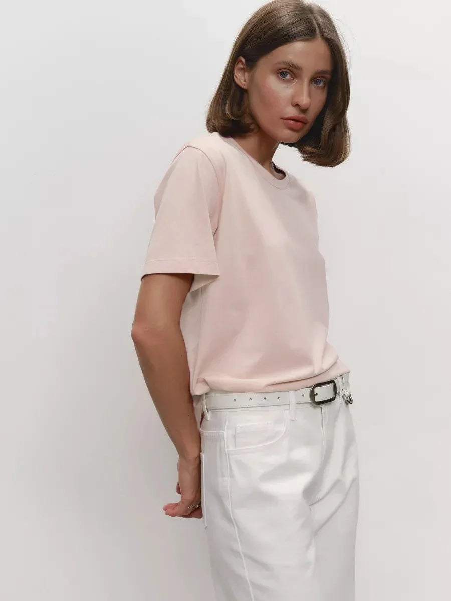 Summer 100% Cotton Women's T-shirt Bottoming Basic Fashionable Lady Short Sleeve Loose Tops Shirts Solid 230g/㎡ Tops