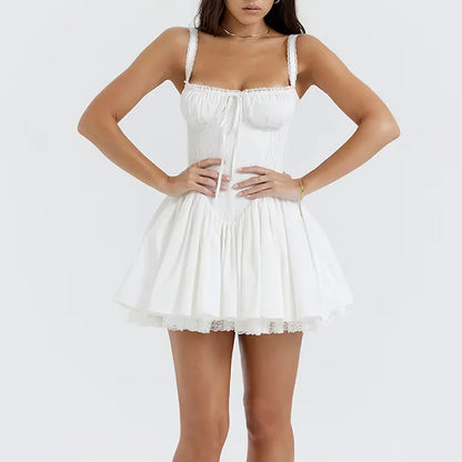 Sweet Backless Mini Dress Women Elegant Lace Hem Chest Wrap Suspenders Dresses Summer White Robes Vestidos