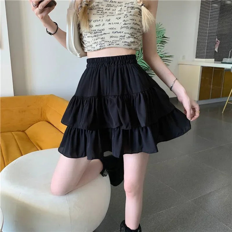 Girls White Puffy A-Line Mini Skirt Spring Summer Fresh Sweet Style Polyester Fabric Short Half-Length Baked Cake Skirt
