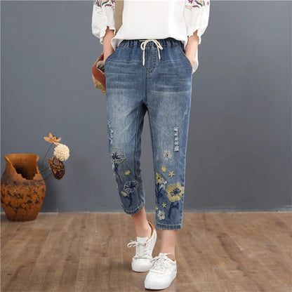 Summer Fashion Ladies Vintage Embroidery Jeans Women Casual Floral Denim Trousers Ripped Harem Pantalons