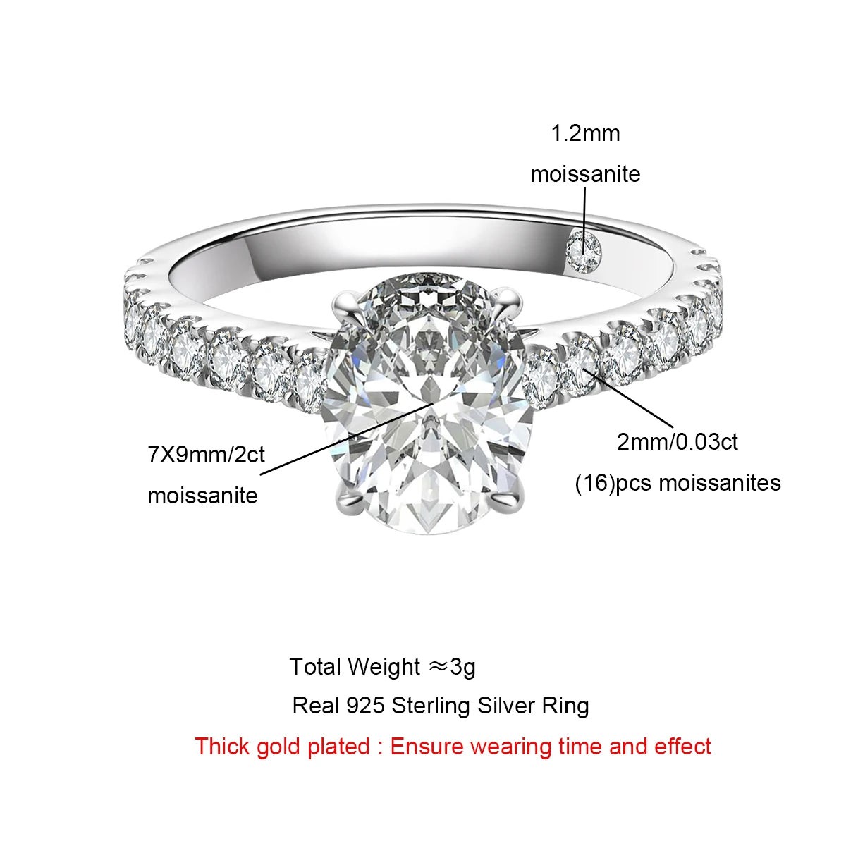 2 Carat Oval Cut D Color Moissanite Ring 18K Gold Plated 925 Sterling Silver Engagement Wedding Rings Wholesale