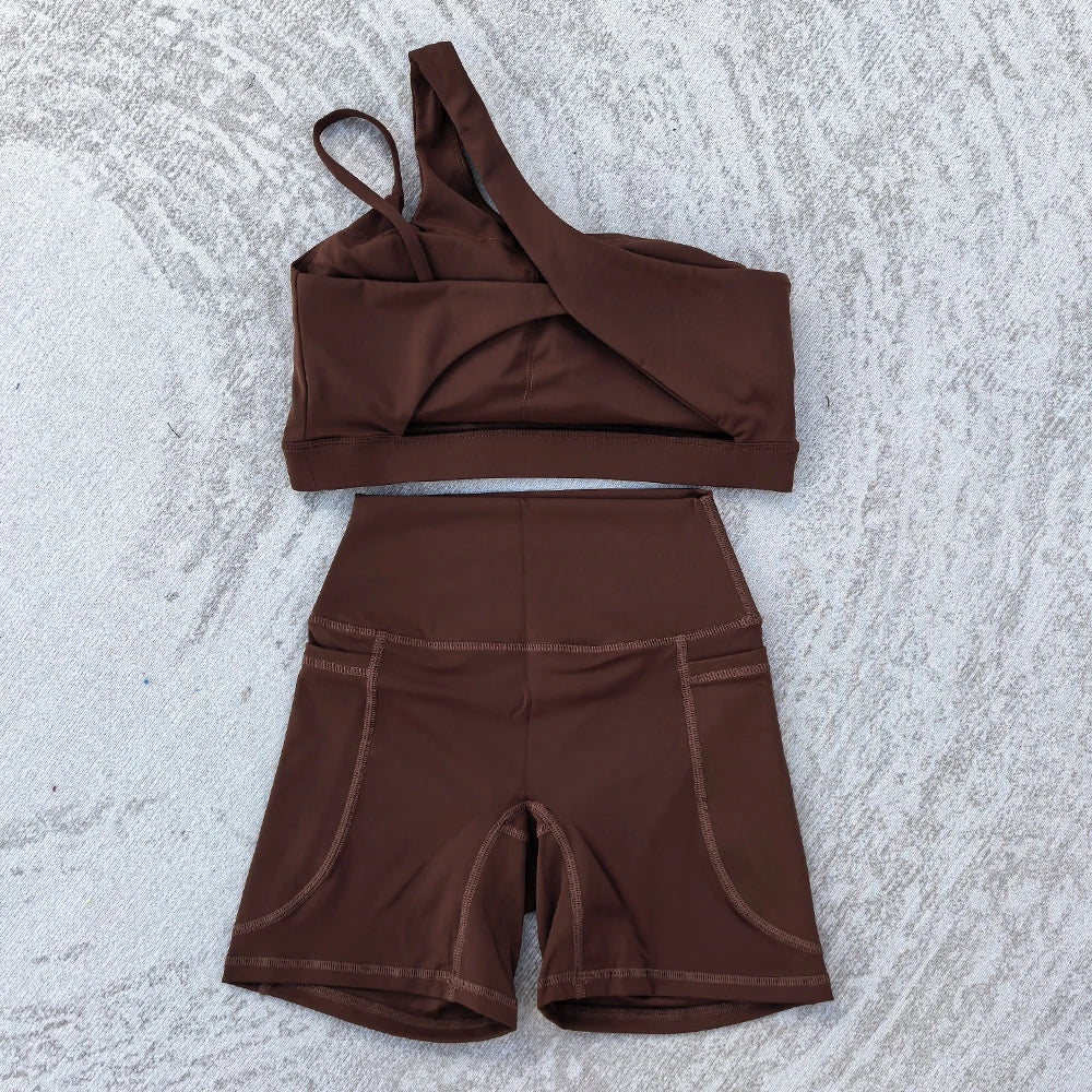 Women's 2 PCS Sports Yoga Set Sexy Sport Bra High Waist Sports Pocket Shorts Gym Fitness Sleeveless Workout Suit Sporstwear