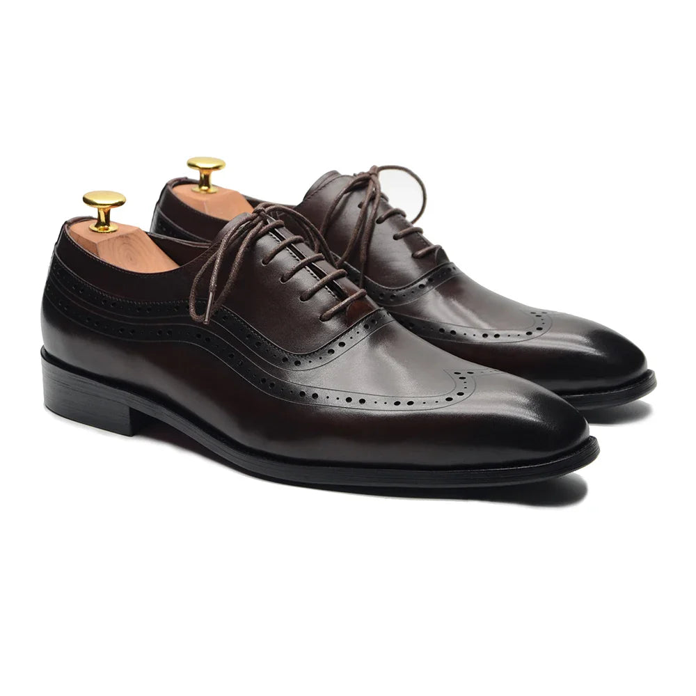 Luxury Mens Wingtip Oxford Dress Shoes Genuine Leather Brogue Dark Brown Lace-up Pointy Toe Business Office Wedding Formal Shoes