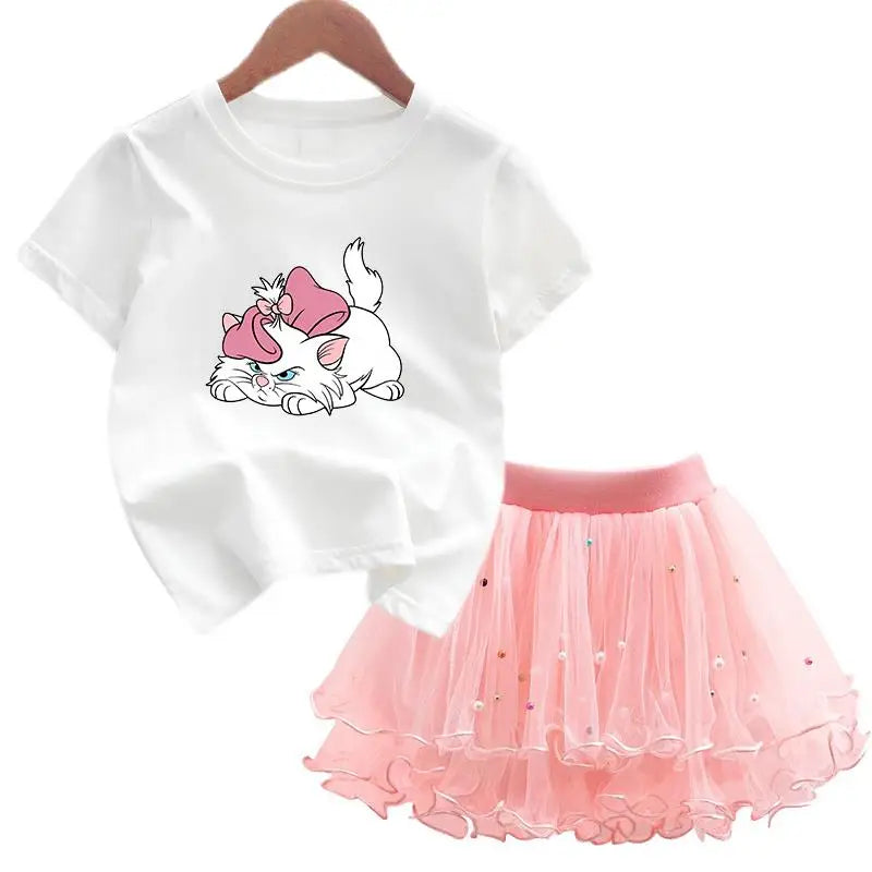 The Aristocats Marie Cat 2Pcs/Set Girl Dress Kid Birthday Clothes Party Princess Dress T-shirt+Tutu Skirt Summer Christmas Gift