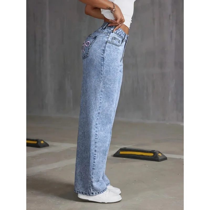 High waisted  Bow Embroidered Pocket Wide Leg Jeans