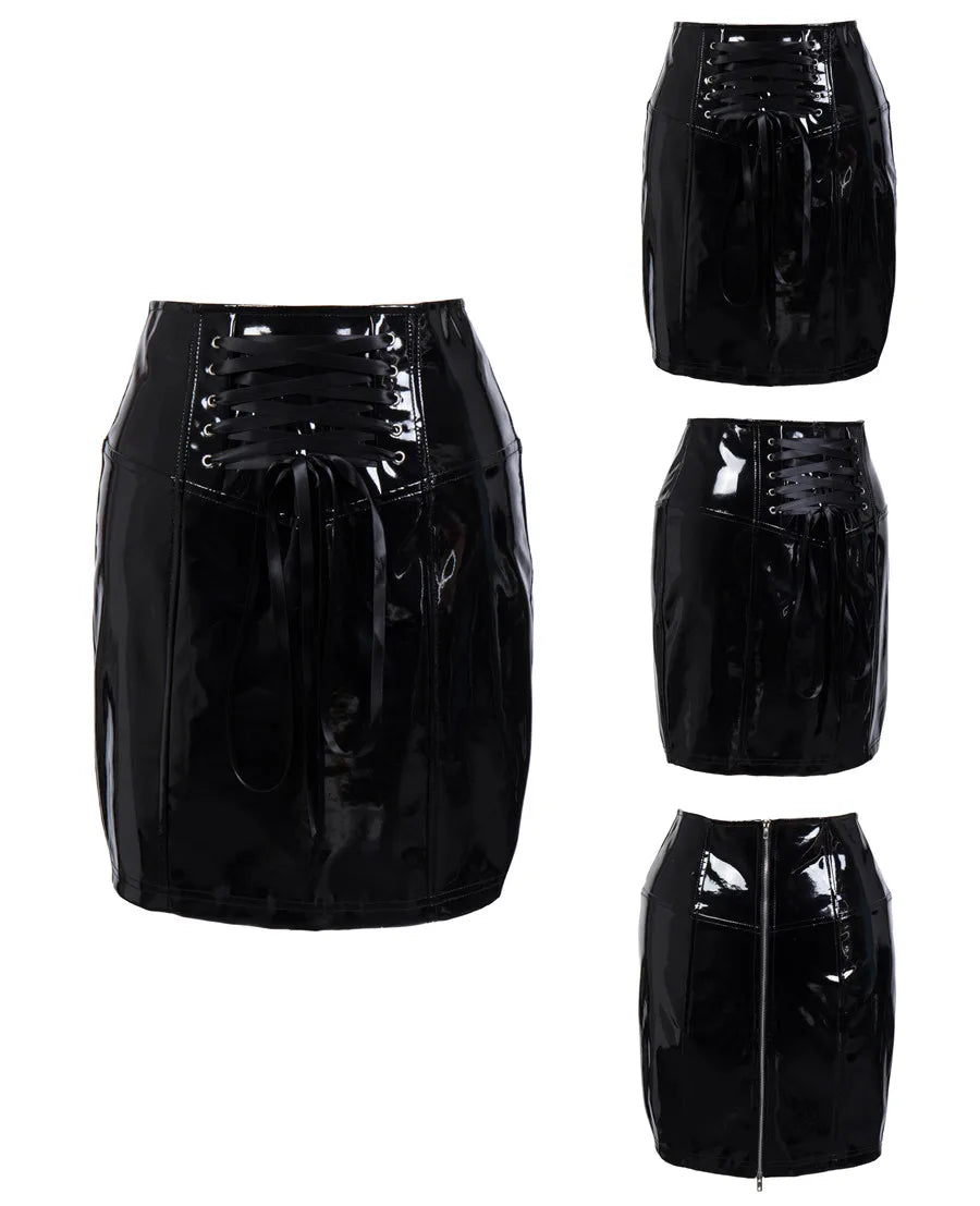 Black Skirts for Women Latex PVC Leather Pencil Mini Skirt Lace Up Zip Shiny Bodycon Skirts Sexy Club Y2k Clothes