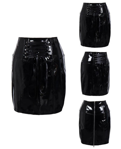 Black Skirts for Women Latex PVC Leather Pencil Mini Skirt Lace Up Zip Shiny Bodycon Skirts Sexy Club Y2k Clothes