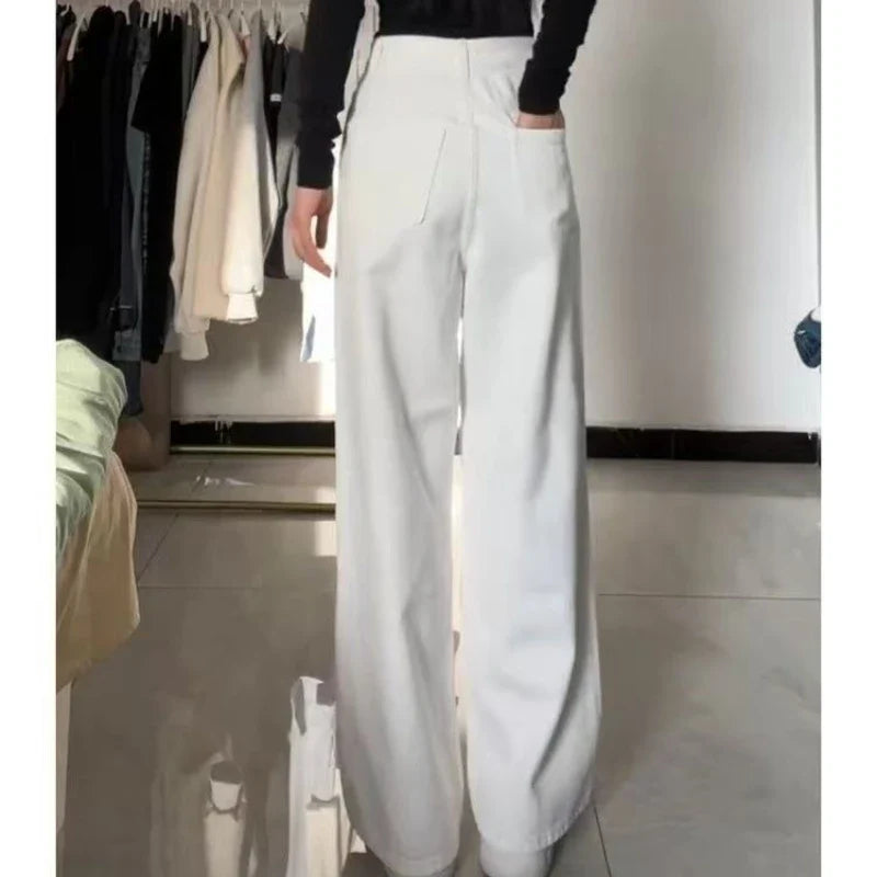 Autumn Spring Denim Pant Women Jeans Vintage Straight Trousers Fashion Female White Black Wide Leg Pants Casual Jeans