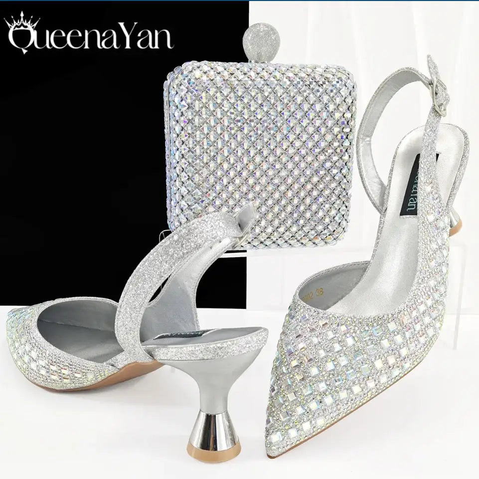 Italian Design Rhinestone Luxury Green Colour Pointed Toe Shoe & Bag Set Women's High Heels for Parties High Quality