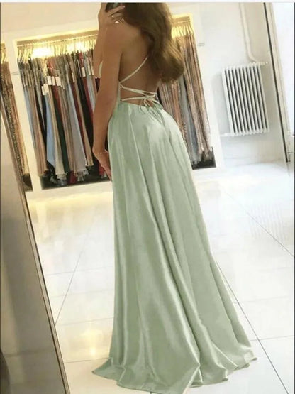 Satin Beach Maxi Women Dress for Christmas Sexy Side Slit Adjustable Straps Evening Prom Dress Cheap Bridesmaid Dresses