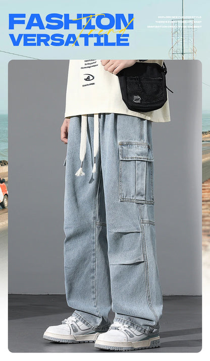 Large Pocket Baggy Solid Jeans Men's 2026 New Spring Classic Straight Denim Trousers Street Y2K Elastic Waist Casual Cargo Pants