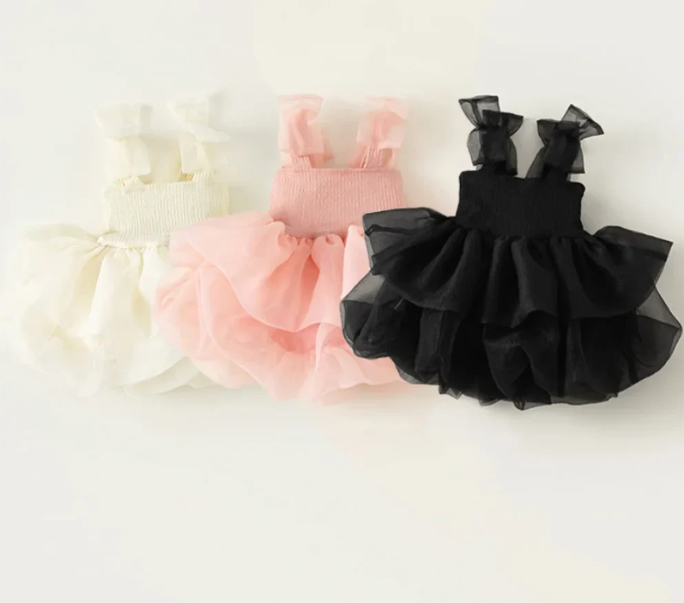 Vestido de tule de festa de princesa de verão com alça de laço, roupa de malha para bebês, vestido de aniversário infantil de manga curta, vestido de tule para meninas de 1 a 6 anos