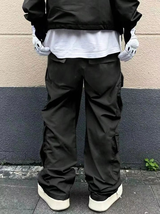Men's Spring and Autumn Multi-Pocket Cargo Pants with Elastic Waistband and Drawstring Adjustment, Solid Color Multi-Pocket Long Pants Suitable for Outdoor Sports and Leisure