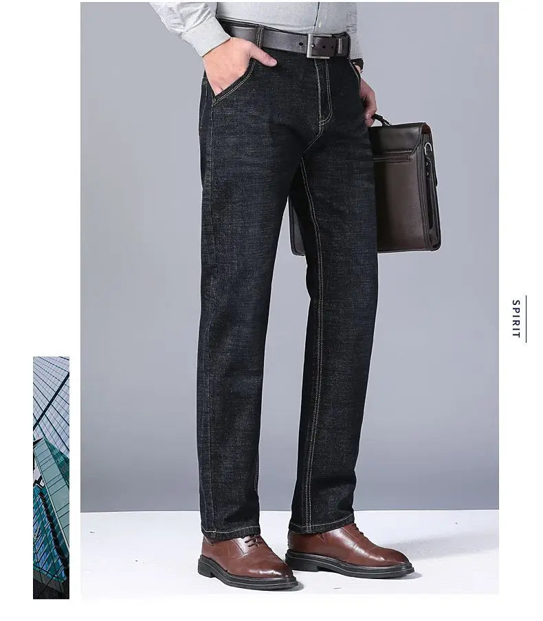 Autumn Spring Business Jeans Men Casual Comfortable Straight Denim Pant Stretch Fashion Classic Soft Premium Blue Black Trousers