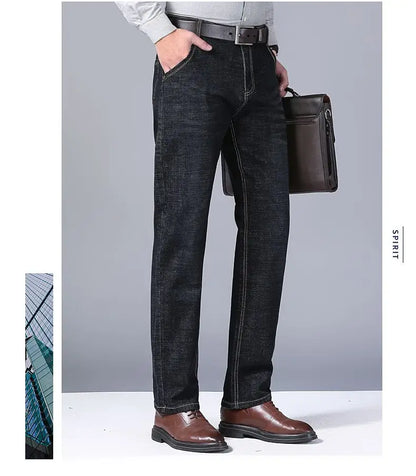 Autumn Spring Business Jeans Men Casual Comfortable Straight Denim Pant Stretch Fashion Classic Soft Premium Blue Black Trousers