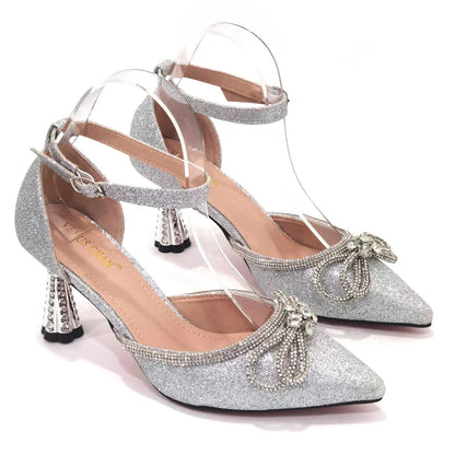 Ladies Pointed-Toe Party High Heels Magenta Colour Bow Rhinestone Stereo Bag Evening  African Wedding Shoe And Bag Set
