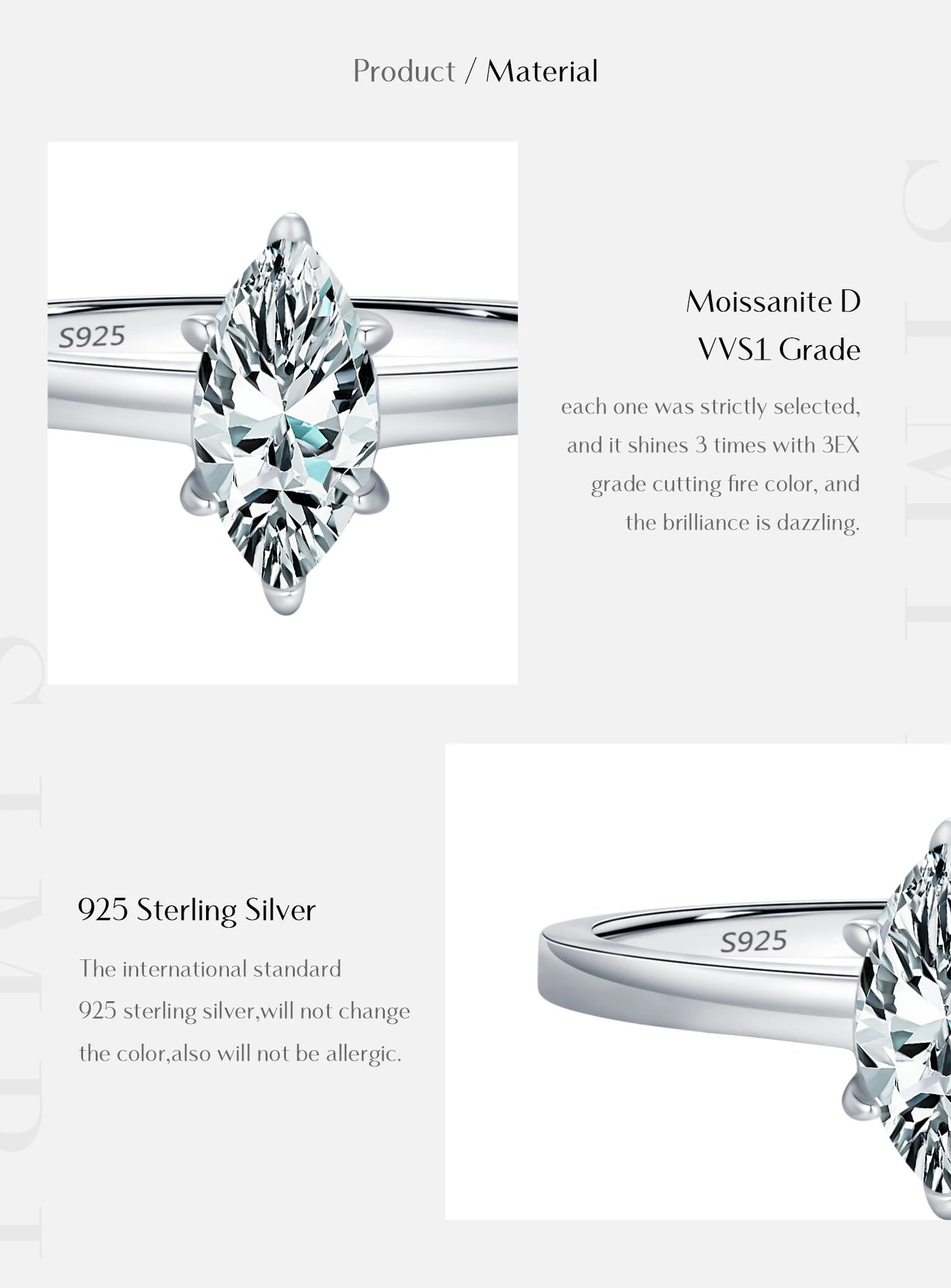 D Color Marquise Cut Rhombic Moissanite 925 Sterling Silver Luxury  Band Rings For Women Wedding Fine Jewelry Gifts