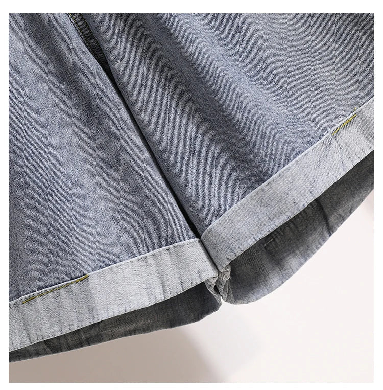 Plus Size Shorts For Women 2024 Summer New Arrivals High Elastic Waist Crimping Wide Leg Loose Streetwear Blue Jeans Shorts
