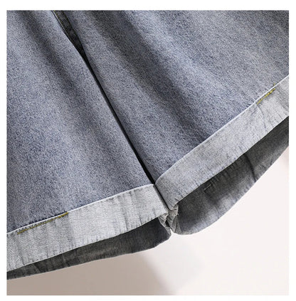 Plus Size Shorts For Women 2024 Summer New Arrivals High Elastic Waist Crimping Wide Leg Loose Streetwear Blue Jeans Shorts